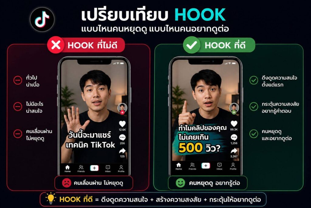 ตัวอย่าง Hook TikTok ที่ดีและไม่ดี